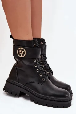 Botki Workery Damskie Ze Złotym Detalem Ocieplane Czarne Fiorena