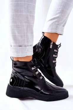 Botki Workery Lakierowane Na Suwak Czarne Vica