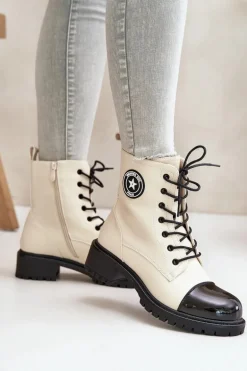 Botki Workery Na Zamek Ocieplane Beżowo-Czarne Soratta