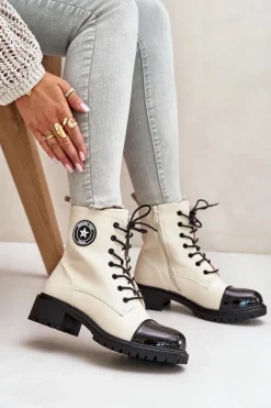 Botki Workery Na Zamek Ocieplane Beżowo-Czarne Soratta