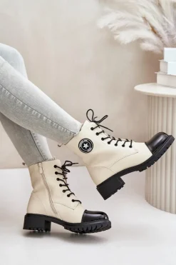 Botki Workery Na Zamek Ocieplane Beżowo-Czarne Soratta