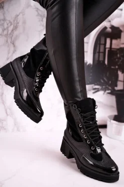 Botki Workery Ocieplane Czarne Print Zwierzęcy Helena