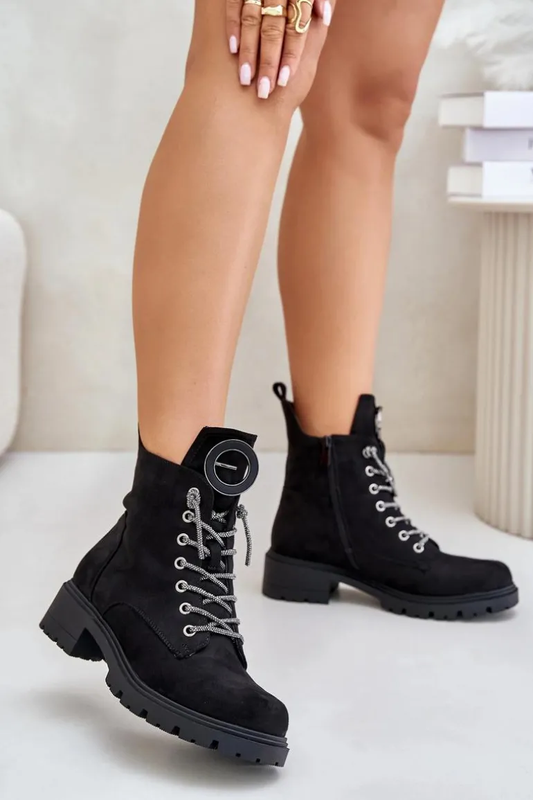 Botki Workery Ocieplane Z Ozdobnym Sznurowaniem Vinceza 16465 Czarne