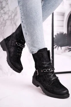 Botki Workery Z Łańcuchem Zamszowe Czarne Augusta