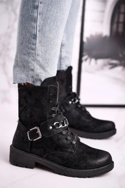 Botki Workery Z Łańcuchem Zamszowe Czarne Augusta