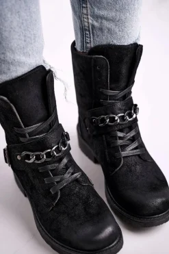 Botki Workery Z Łańcuchem Zamszowe Czarne Augusta
