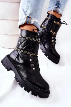 Botki Workery Z Łańcuszkiem Czarne Caleanor