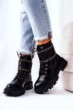 Botki Workery Z Łańcuszkiem Czarne Caleanor