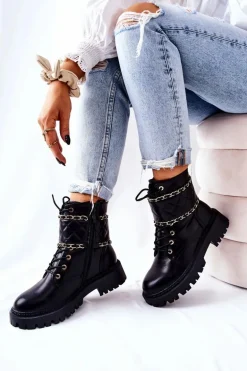Botki Workery Z Łańcuszkiem Czarne Caleanor