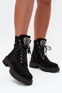 Botki Workery Z Biżuteryjną Ozdobą Ocieplane Eko Zamszowe Czarne Miryssa