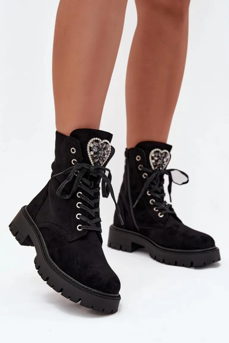 Botki Workery Z Biżuteryjną Ozdobą Ocieplane Eko Zamszowe Czarne Miryssa