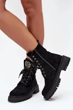 Botki Workery Z Biżuteryjną Ozdobą Ocieplane Eko Zamszowe Czarne Miryssa