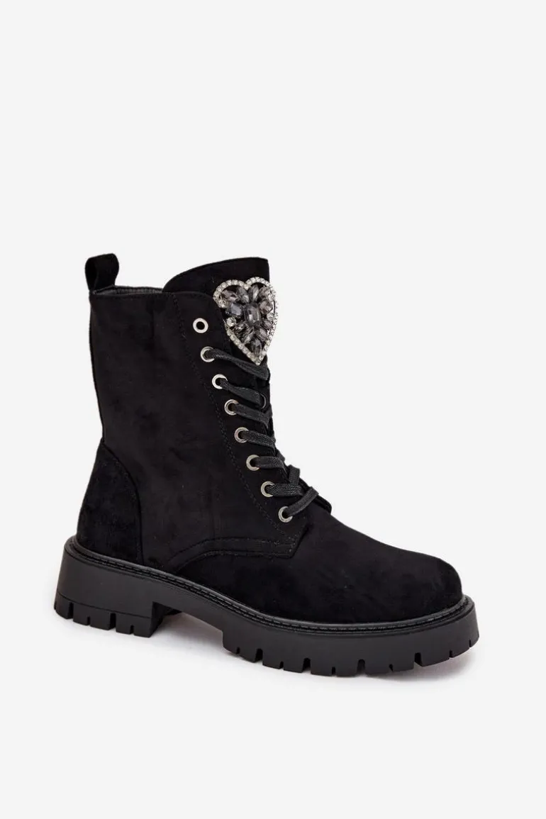 Botki Workery Z Biżuteryjną Ozdobą Ocieplane Eko Zamszowe Czarne Miryssa