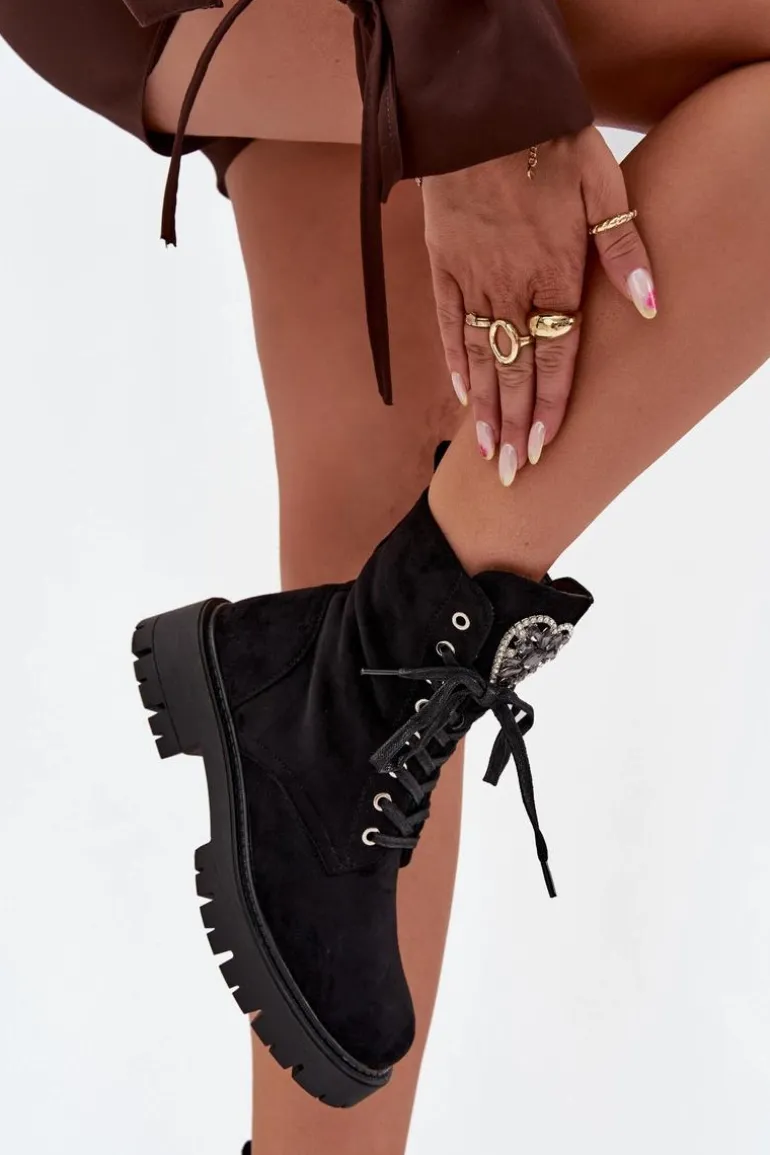 Botki Workery Z Biżuteryjną Ozdobą Ocieplane Eko Zamszowe Czarne Miryssa