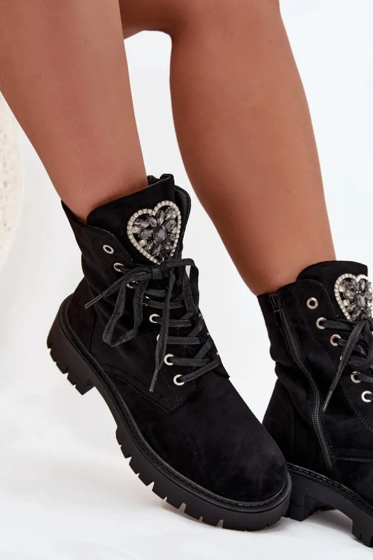 Botki Workery Z Biżuteryjną Ozdobą Ocieplane Eko Zamszowe Czarne Miryssa