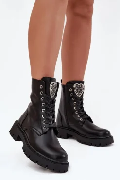 Botki Workery Z Biżuteryjną Ozdobą Ocieplane Eko Skórzane Czarne Miryssa