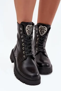 Botki Workery Z Biżuteryjną Ozdobą Ocieplane Eko Skórzane Czarne Miryssa