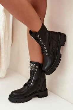 Botki Workery Z Biżuteryjną Ozdobą Ocieplane Eko Skórzane Czarne Miryssa