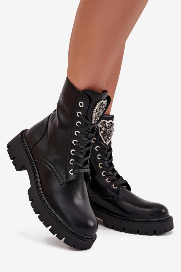 Botki Workery Z Biżuteryjną Ozdobą Ocieplane Eko Skórzane Czarne Miryssa