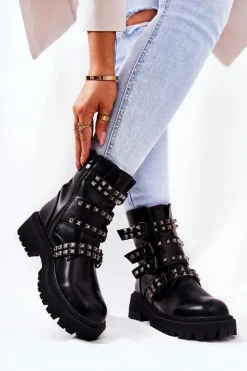 Botki Workery Z Paskami Ćwieki Czarne Brenna