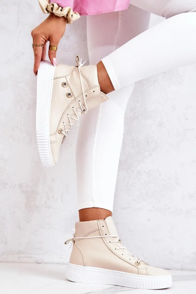 Botki Wysokie Trampki Skórzane Beżowo-Białe Ashlee