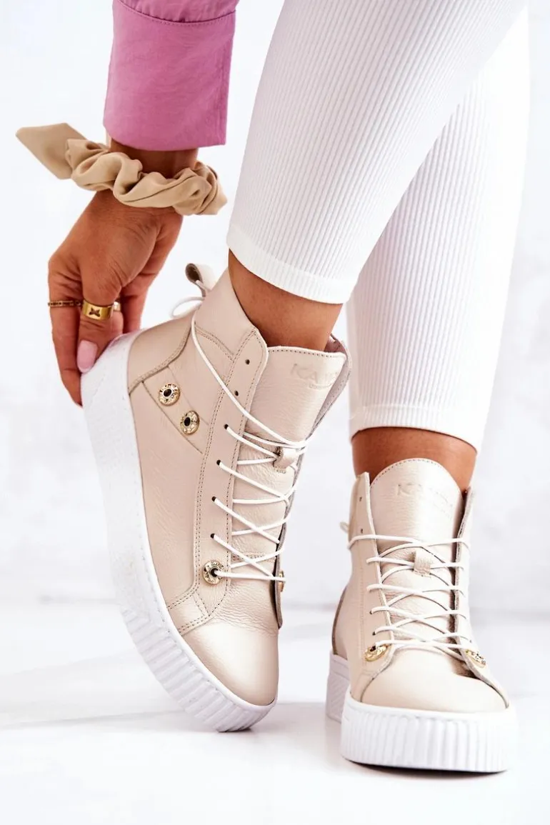Botki Wysokie Trampki Skórzane Beżowo-Białe Ashlee