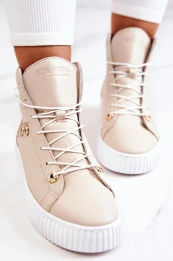 Botki Wysokie Trampki Skórzane Beżowo-Białe Ashlee