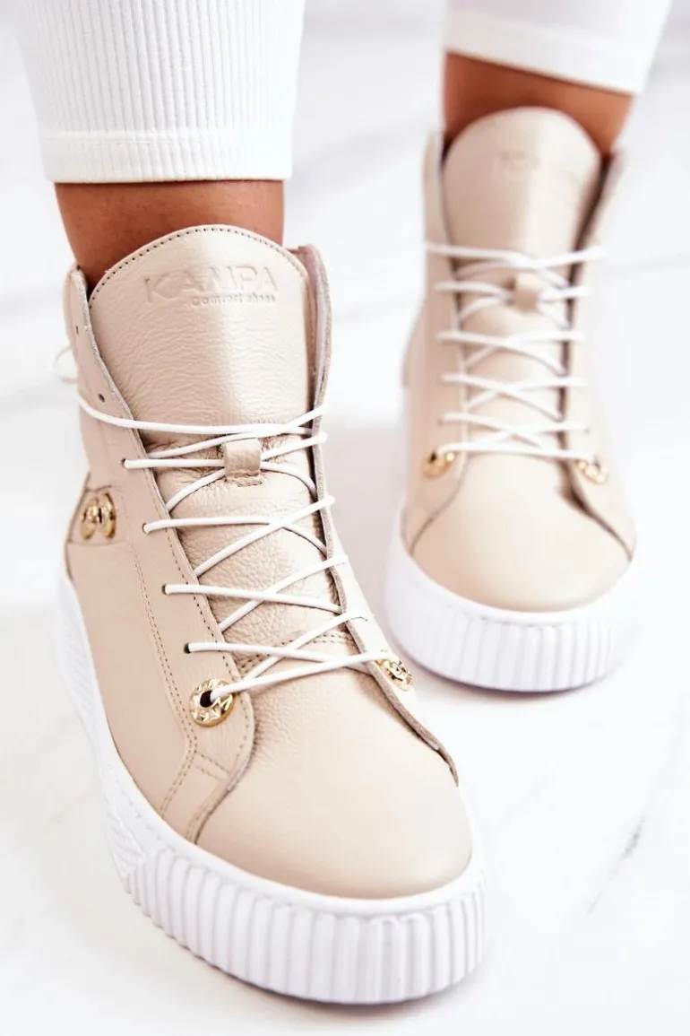 Botki Wysokie Trampki Skórzane Beżowo-Białe Ashlee