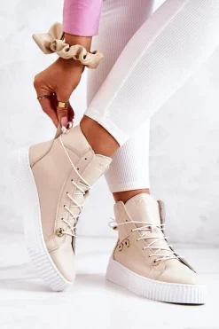 Botki Wysokie Trampki Skórzane Beżowo-Białe Ashlee