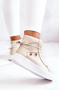 Botki Wysokie Trampki Skórzane Beżowo-Białe Ashlee