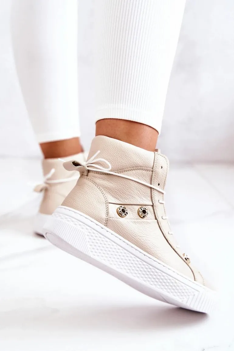 Botki Wysokie Trampki Skórzane Beżowo-Białe Ashlee