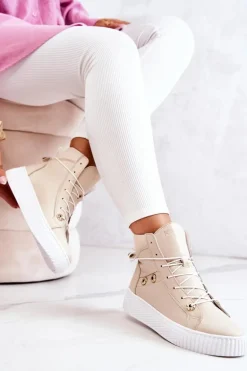 Botki Wysokie Trampki Skórzane Beżowo-Białe Ashlee