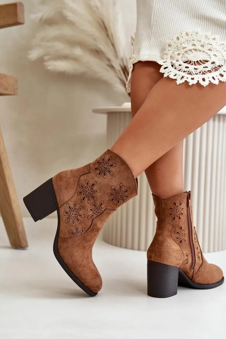 Botki Z Ażurową Cholewką Na Słupku Eko Zamszowe Brązowe Nevishiia