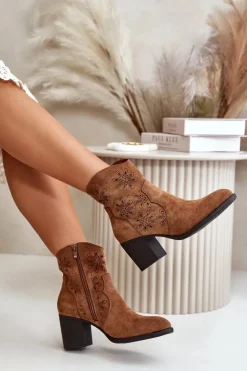Botki Z Ażurową Cholewką Na Słupku Eko Zamszowe Brązowe Nevishiia
