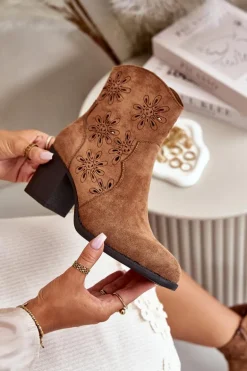 Botki Z Ażurową Cholewką Na Słupku Eko Zamszowe Brązowe Nevishiia