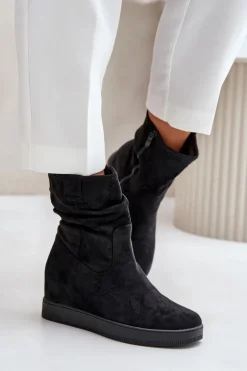 Botki Z Marszczoną Cholewka Na Ukrytym Koturnie Czarne Zinradea