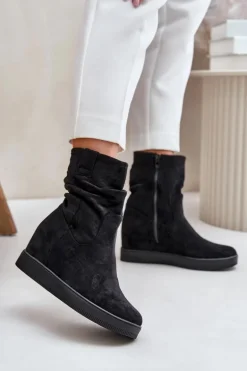 Botki Z Marszczoną Cholewka Na Ukrytym Koturnie Czarne Zinradea