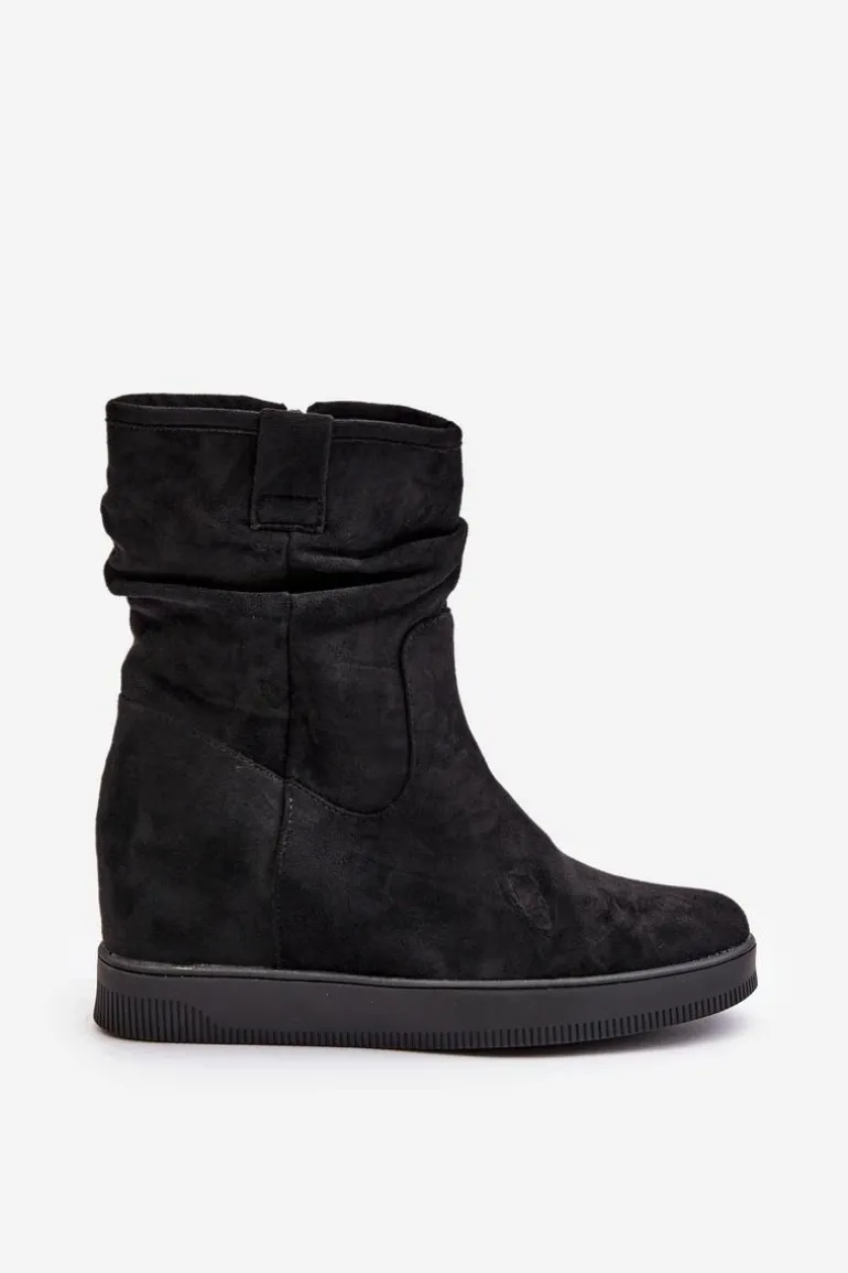Botki Z Marszczoną Cholewka Na Ukrytym Koturnie Czarne Zinradea
