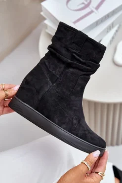 Botki Z Marszczoną Cholewka Na Ukrytym Koturnie Czarne Zinradea