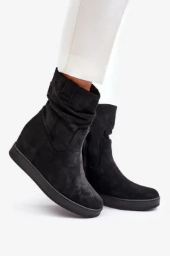 Botki Z Marszczoną Cholewka Na Ukrytym Koturnie Czarne Zinradea