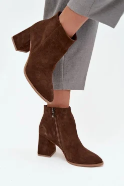 Botki Z Naturalnego Zamszu Obcas Słupek Ocieplane Brązowe Zazoo 3128