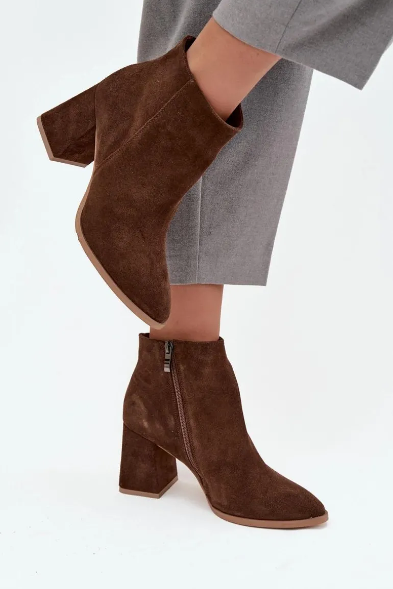 Botki Z Naturalnego Zamszu Obcas Słupek Ocieplane Brązowe Zazoo 3128