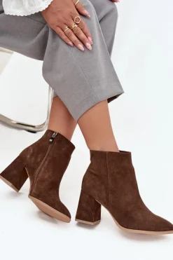 Botki Z Naturalnego Zamszu Obcas Słupek Ocieplane Brązowe Zazoo 3128