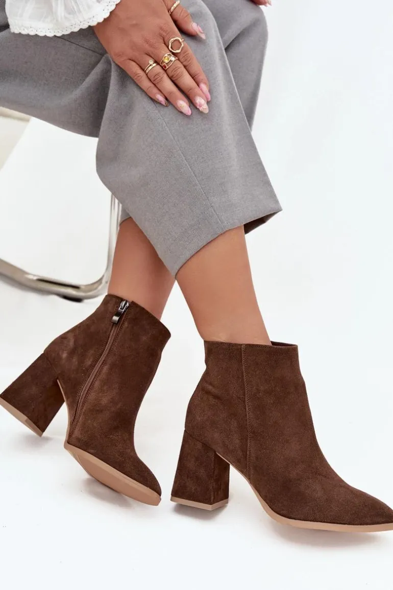 Botki Z Naturalnego Zamszu Obcas Słupek Ocieplane Brązowe Zazoo 3128