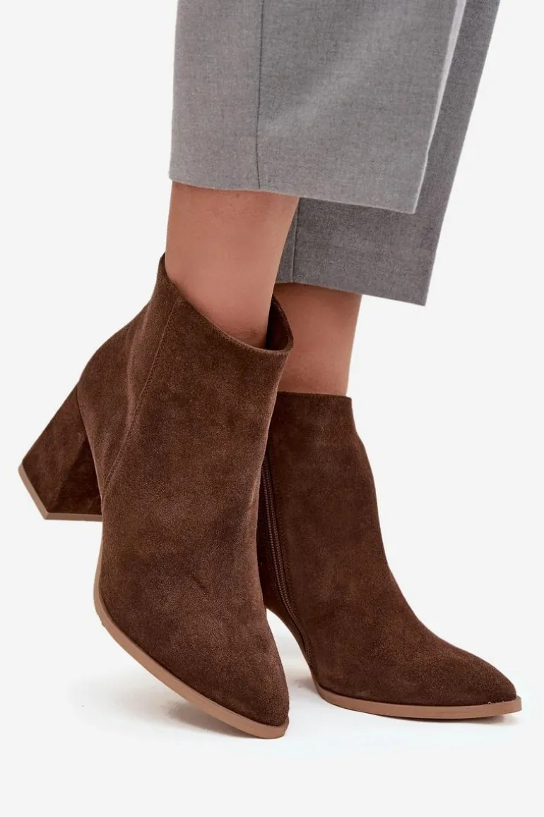 Botki Z Naturalnego Zamszu Obcas Słupek Ocieplane Brązowe Zazoo 3128