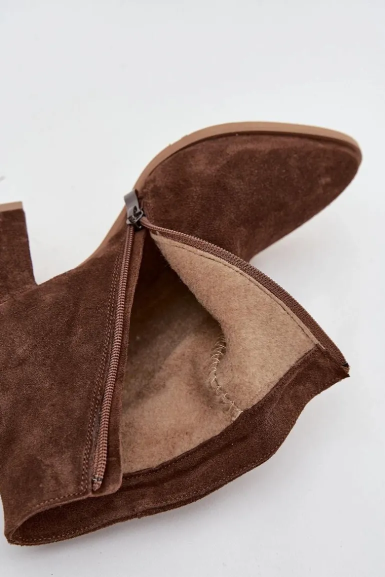Botki Z Naturalnego Zamszu Obcas Słupek Ocieplane Brązowe Zazoo 3128