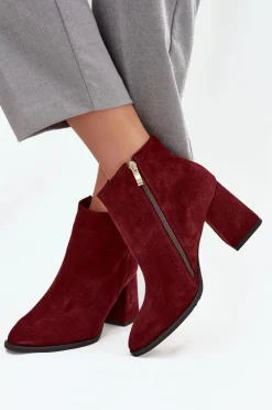 Botki Z Naturalnego Zamszu Obcas Słupek Ocieplane Bordowe Zazoo 3128