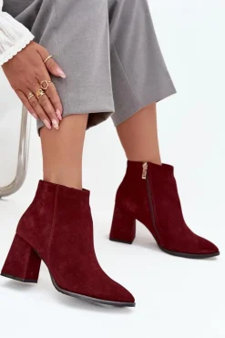 Botki Z Naturalnego Zamszu Obcas Słupek Ocieplane Bordowe Zazoo 3128