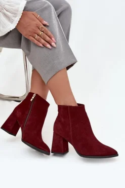 Botki Z Naturalnego Zamszu Obcas Słupek Ocieplane Bordowe Zazoo 3128