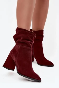 Botki Z Naturalnego Zamszu Ocieplane Na Słupku Z Marszczeniem Zazoo 4216 Bordowe
